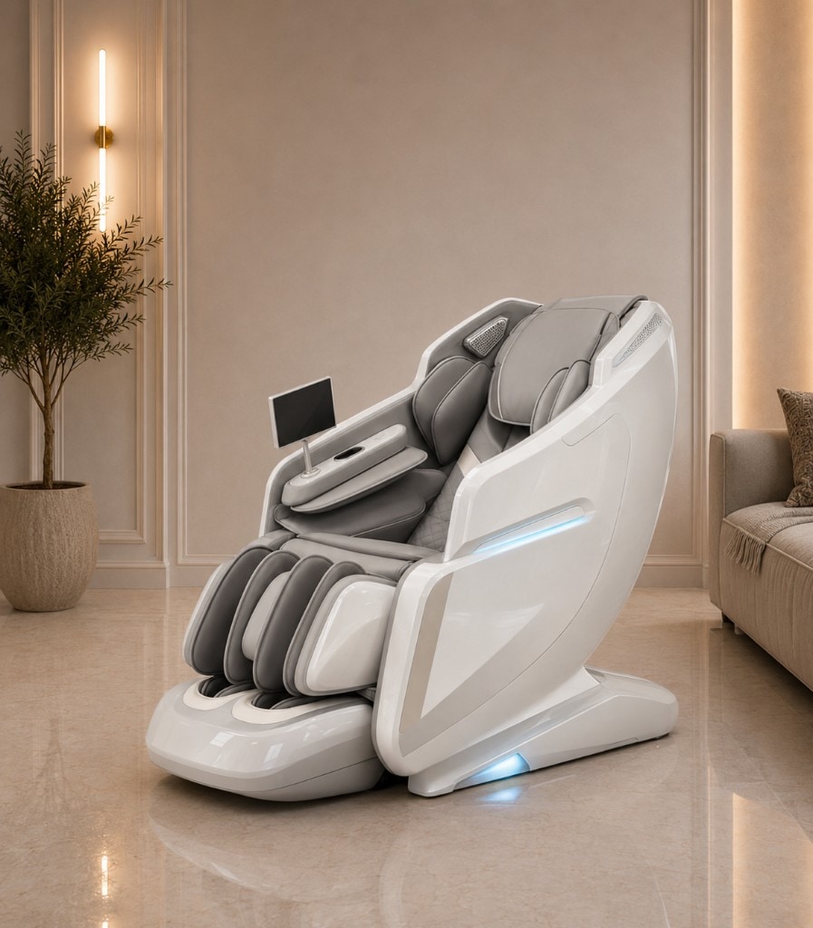 Leercon 988G White — Variantă albă luminoasă. Mecanism cu 4 role, șină SL 135 cm, 10 programe automate.