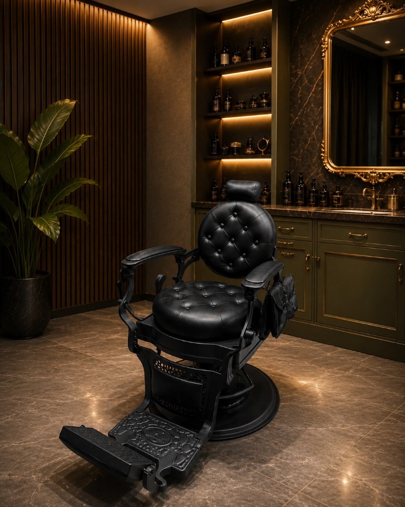 Scaun Barber — Scaun profesional pentru barber shop, construcție solidă, design clasic elegant.