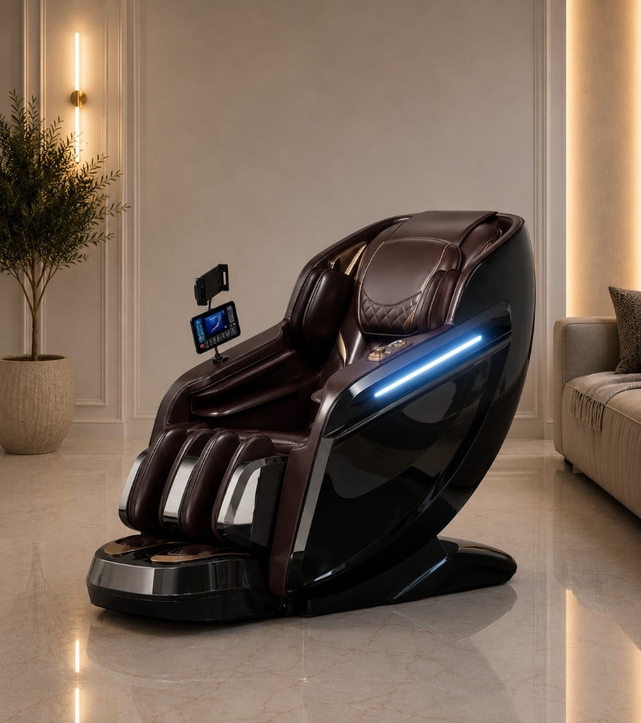 Leercon 988G Brown - Variantă maro elegantă. Mecanism cu 4 role, șină SL 135 cm, 10 programe + 6 tehnici de masaj.